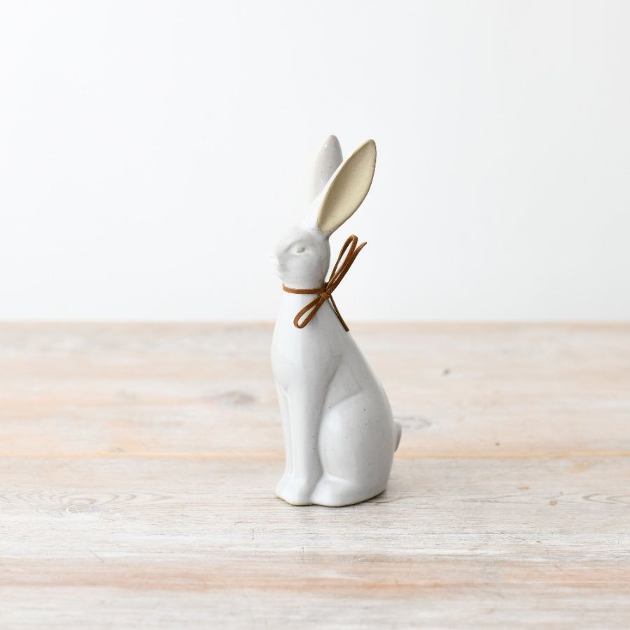 White Rabbit Decoration 18cm – Sitting Bunny Figurine with Bow, Cute Easter Home Decor for Shelf, Mantel or Table Display
