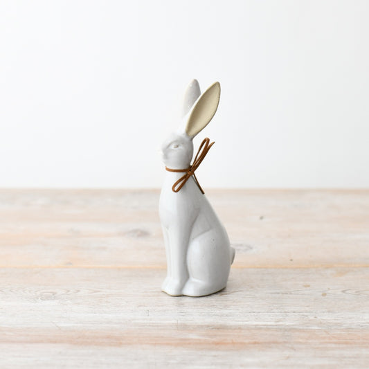 White Rabbit Decoration 18cm – Sitting Bunny Figurine with Bow, Cute Easter Home Decor for Shelf, Mantel or Table Display
