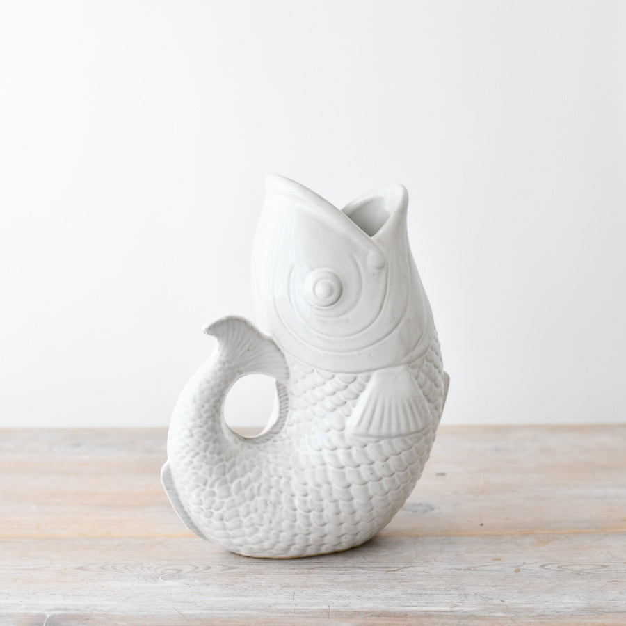 White Fish Vase 24.7cm – Coastal Ceramic Decorative – Nautical Home Décor for Flowers, Shelves, or Tabletops