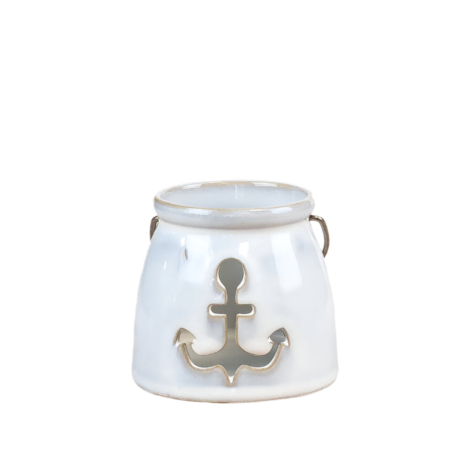 Cut Out Anchor Candle Cup Holder 8.2cm – Nautical Ceramic Tealight – Coastal Home Decoration for Shelf, Bathroom, or Tabletop Display