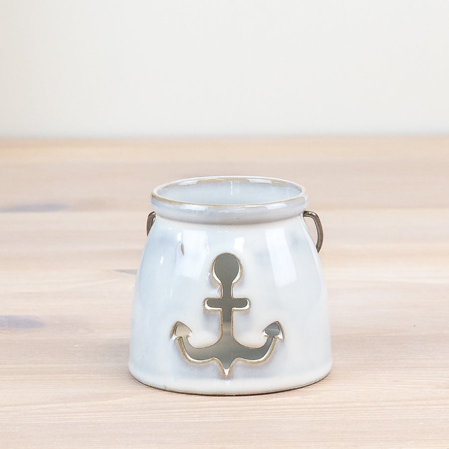 Cut Out Anchor Candle Cup Holder 8.2cm – Nautical Ceramic Tealight – Coastal Home Decoration for Shelf, Bathroom, or Tabletop Display