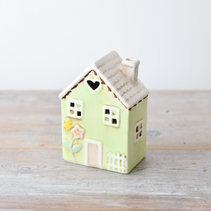 Green LED House Decoration 11cm – Light-Up Rustic Porcelain House Ornament, Spring Easter Home Decor Accent