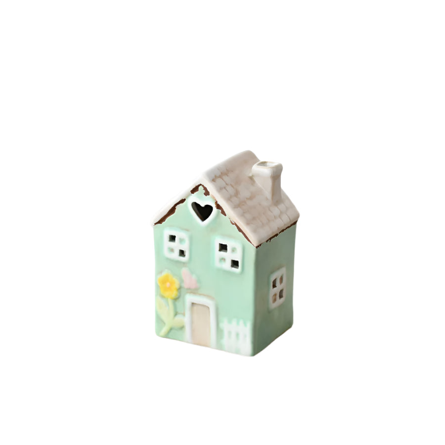 Green LED House Deco 14cm – Light-Up Rustic House Ornament – Warm Spring and Easter Decoration for Tabletop or Shelf Display