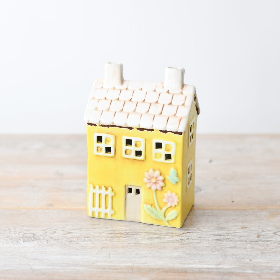 Yellow LED House Decoration 16cm – Light Up Porcelain House Ornament Rustic Spring Easter Home Decor
