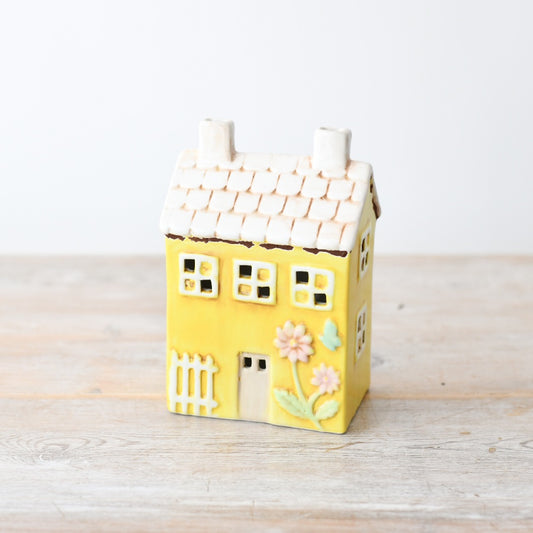 Yellow LED House Decoration 16cm – Light Up Porcelain House Ornament Rustic Spring Easter Home Decor
