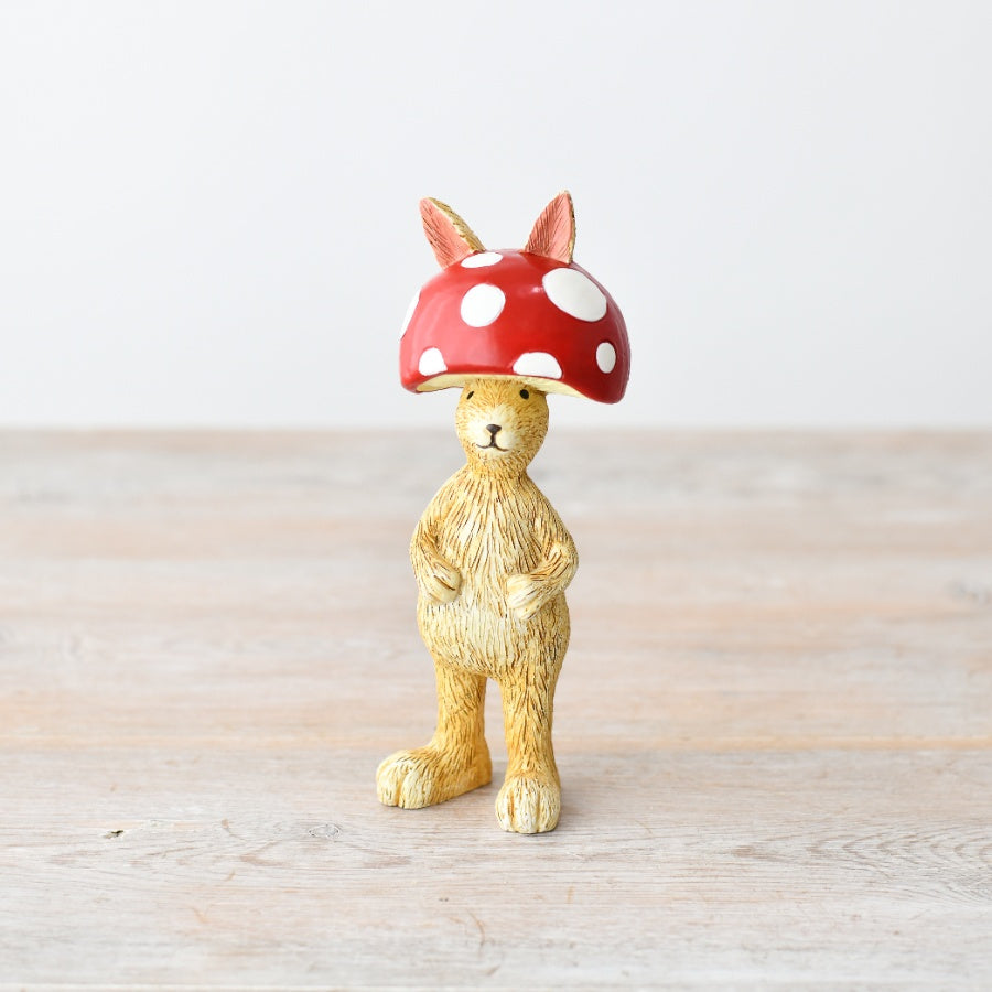 Jasper Rabbit Mushroom 14cm – Rustic Wooden Bunny Ornament, Woodland Easter Decor for Shelf or Table Display