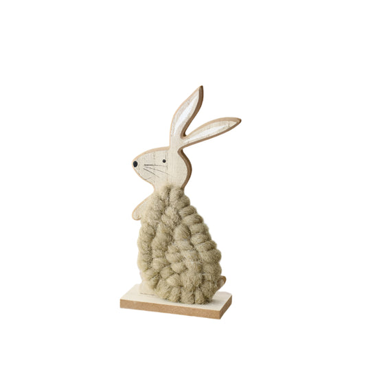 Wool Bunny on Wood Stand 22cm – Rustic Easter Rabbit Decoration – Fluffy Farmhouse Spring Ornament for Tabletop or Shelf Display