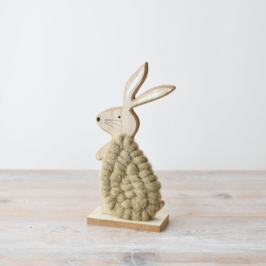 Wool Bunny on Wood Stand 22cm – Rustic Easter Rabbit Decoration – Fluffy Farmhouse Spring Ornament for Tabletop or Shelf Display