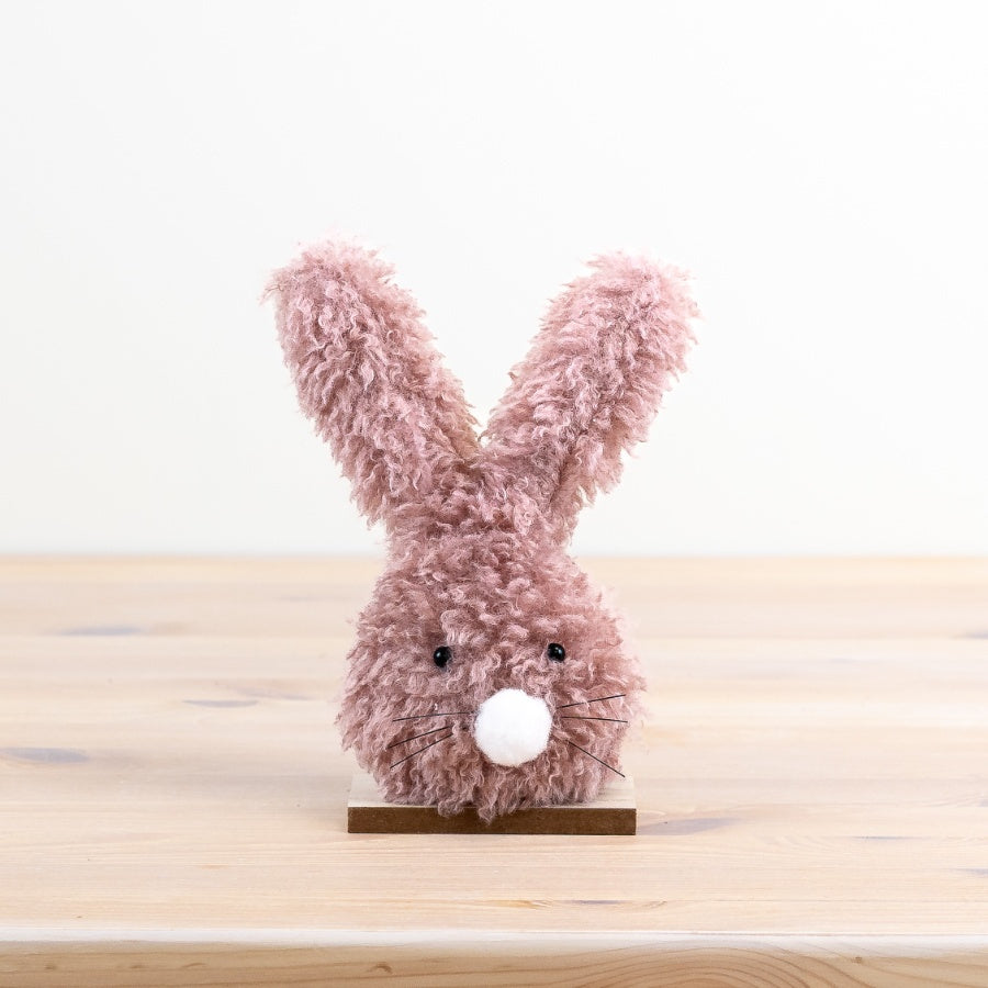 Pink Fluffy Bunny Ornament 21cm – Soft Faux Fur Easter Rabbit on Wooden Stand – Cute Spring Decoration for Shelves, Tables or Nurseries
