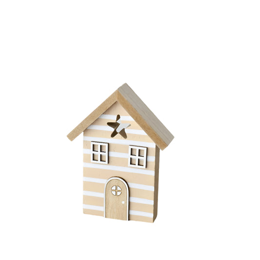 Striped Wooden House Ornament 14cm – Coastal Style Decorative Home Accent with Star – Nautical Shelf Decoration for Living Room, Bathroom or Bedroom