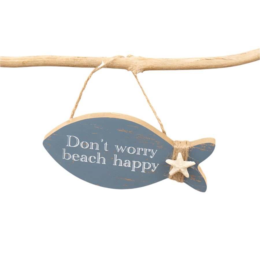 Dont Worry Wooden Fish Plaque, 15cm – Nautical Coastal Wall Hanging – Beach House Shaped Sign with Quote – Rustic Seaside Décor for Bathroom, Hallway or Porch