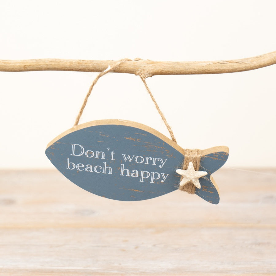 Dont Worry Wooden Fish Plaque, 15cm – Nautical Coastal Wall Hanging – Beach House Shaped Sign with Quote – Rustic Seaside Décor for Bathroom, Hallway or Porch