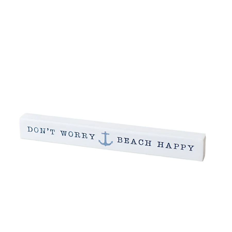 Don’t Worry Beach Happy Wooden Block Sign 24cm – Coastal Nautical Quote Décor – Rustic Ocean-Themed Shelf Block for Beach House or Bathroom – Relaxed Seaside Home Decoration