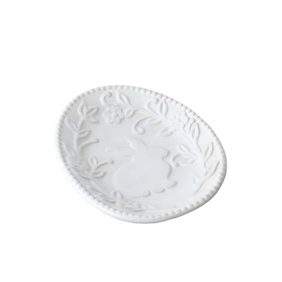 White Embossed Rabbit & Flower Dish, 14cm  – Ceramic Planter with Motif – Country Style Animal Plant Pot – Decorative Garden or Indoor Herb Planter for Rustic Homes