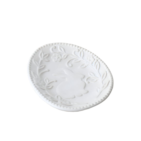 White Embossed Rabbit & Flower Dish, 14cm  – Ceramic Planter with Motif – Country Style Animal Plant Pot – Decorative Garden or Indoor Herb Planter for Rustic Homes