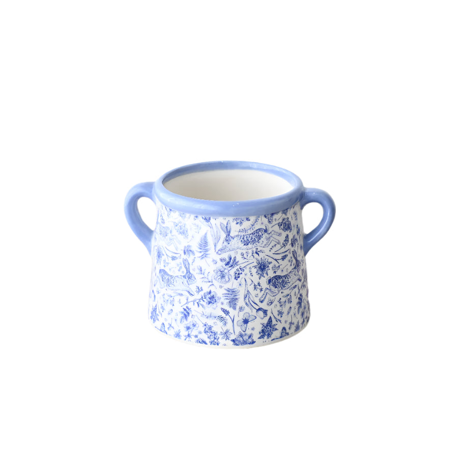 Floral Hare Blue Pot 15cm – Ceramic Planter with Rabbit & Flower Motif – Country Style Animal Plant Pot – Decorative Garden or Indoor Herb Planter for Rustic Homes