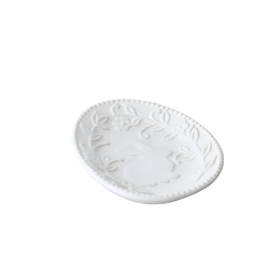 Rabbit Flower Embossed Dish 10cm – Ceramic Bunny-Themed Trinket Dish – Rustic Decorative Plate for Spring, Easter or Nursery Décor – Small Floral Embossed Bunny Bowl