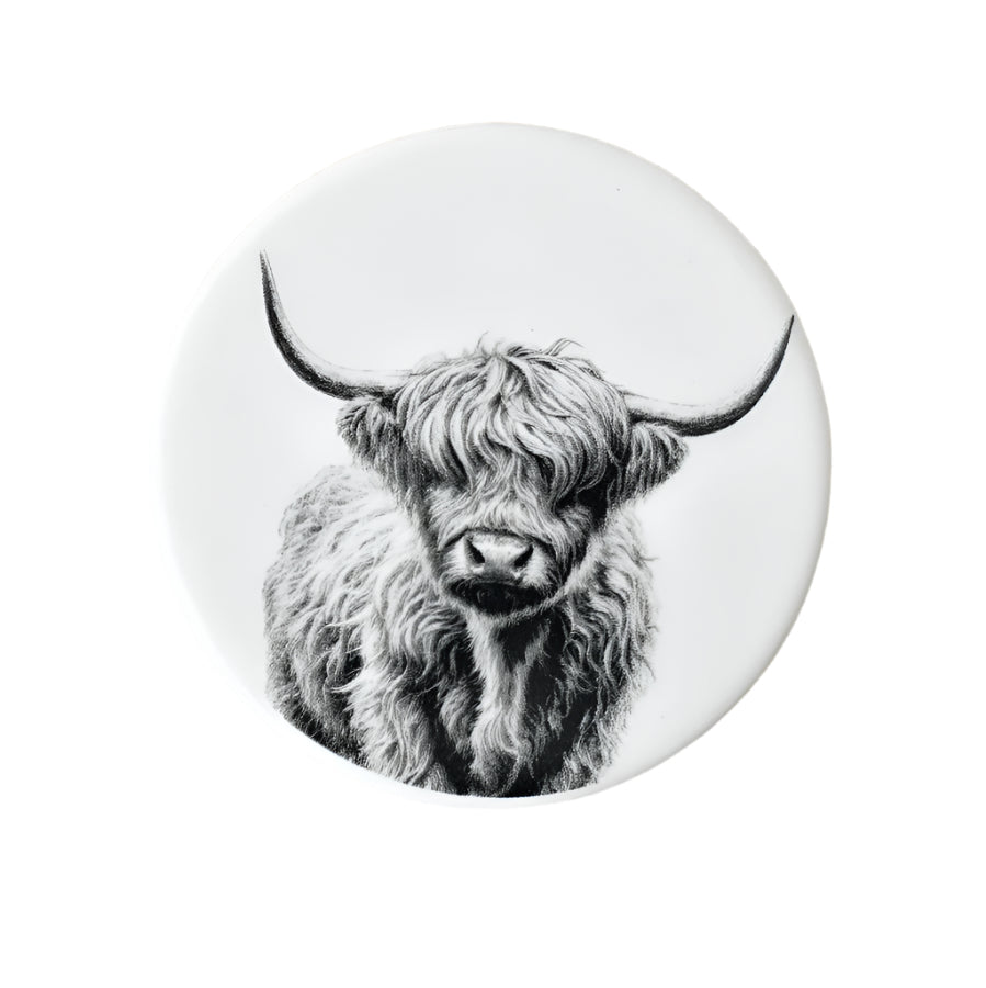 Highland Cow Round Coaster 10cm – Rustic Ceramic with Highland Cow Illustration – Farmhouse Tabletop Protection for Mugs & Glasses – Country Style Kitchen Décor
