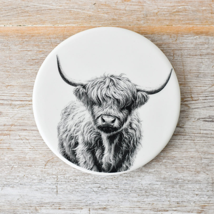 Highland Cow Round Coaster 10cm – Rustic Ceramic with Highland Cow Illustration – Farmhouse Tabletop Protection for Mugs & Glasses – Country Style Kitchen Décor