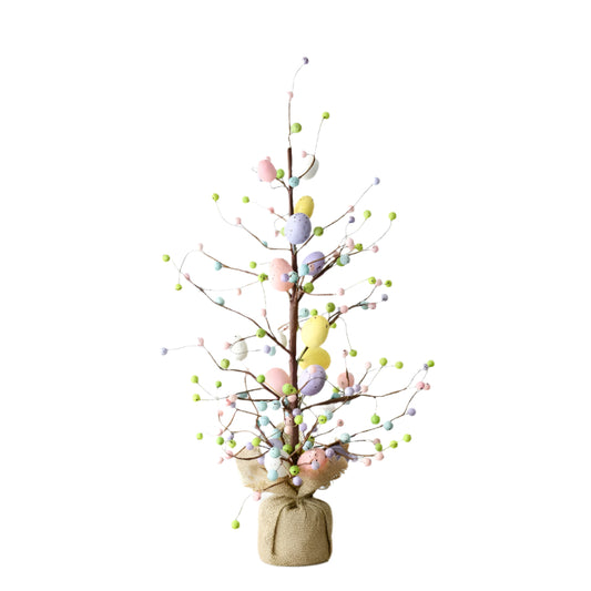 Tall Easter Egg Tree Decoration 66cm – Rustic Wooden Tree with Hanging Eggs – Spring Home, Table, or Party Décor – White and Pastel Ornament