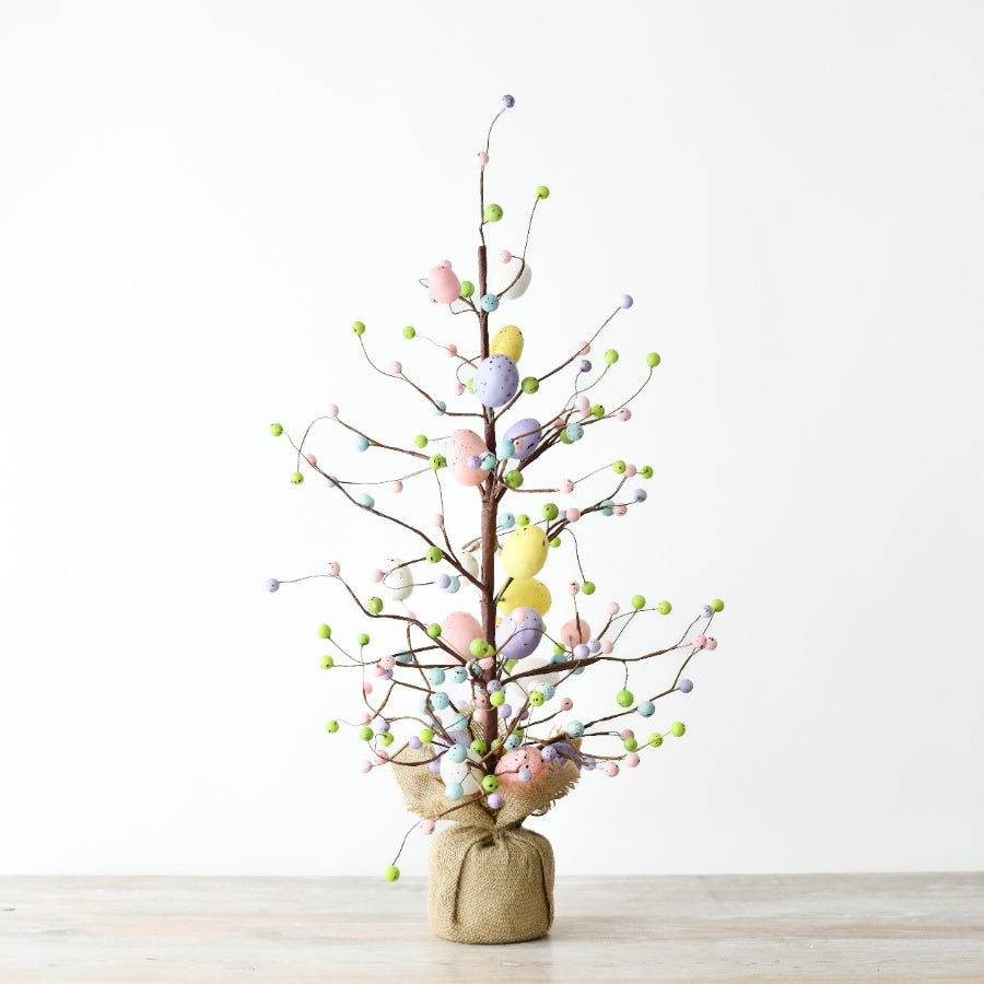 Tall Easter Egg Tree Decoration 66cm – Rustic Wooden Tree with Hanging Eggs – Spring Home, Table, or Party Décor – White and Pastel Ornament