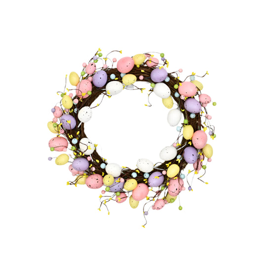 Easter Egg Wreath 45cm – Rustic Spring Door Wreath – Decorative Wooden Easter Wreath with Hanging Pasel Eggs for Home, Porch, and Party Décor