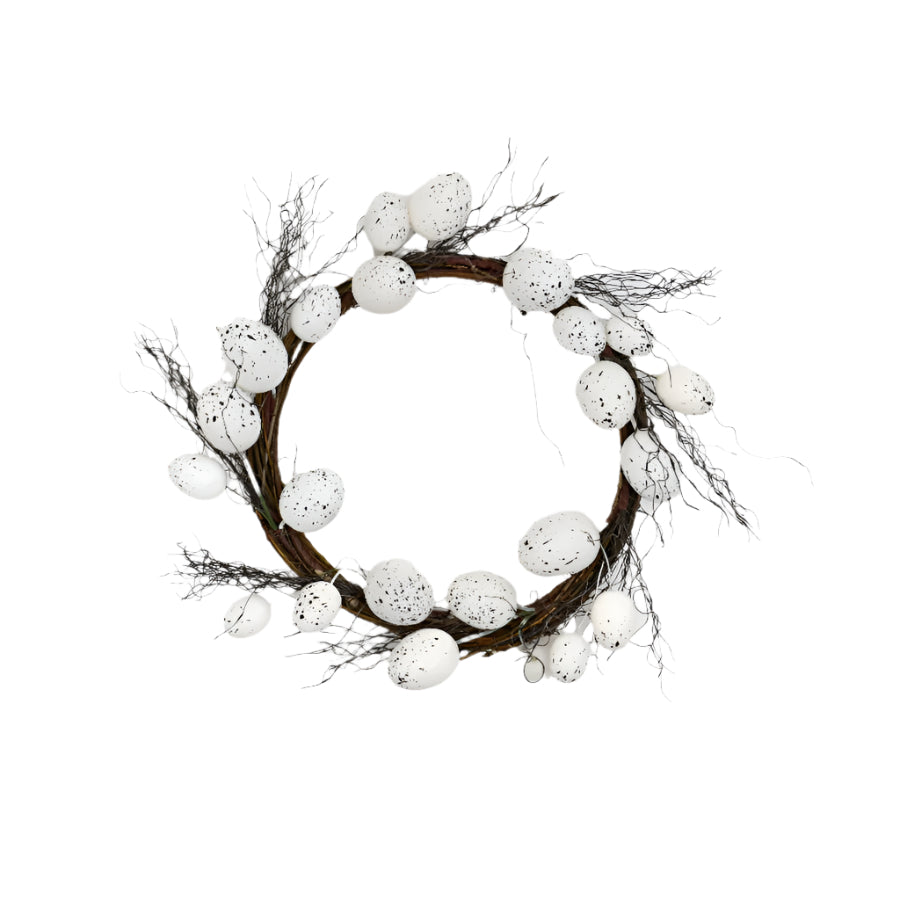 White Easter Egg Wreath 36cm – Rustic Spring Door Wreath – Decorative White Wooden Easter Wreath with Hanging Eggs for Home