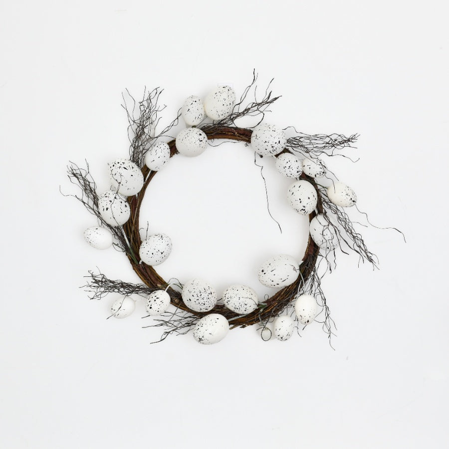 White Easter Egg Wreath 36cm – Rustic Spring Door Wreath – Decorative White Wooden Easter Wreath with Hanging Eggs for Home