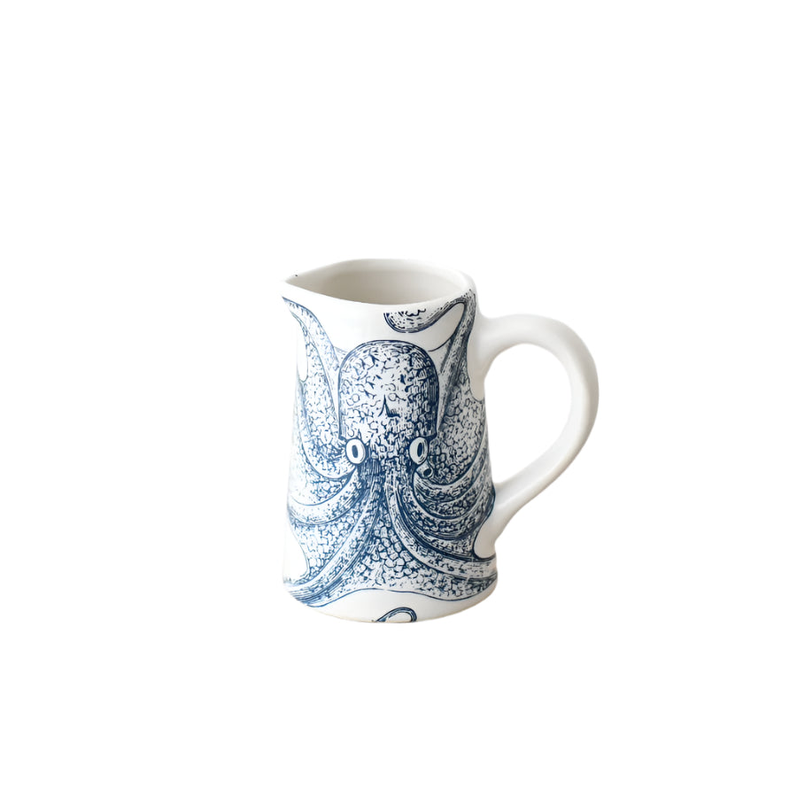 Octopus Jug, 11cm – Nautical Coastal Ceramic Jug for Water, Milk, or Flowers – Decorative Beach House Pitcher Vase – Blue and White Octopus Design Tableware