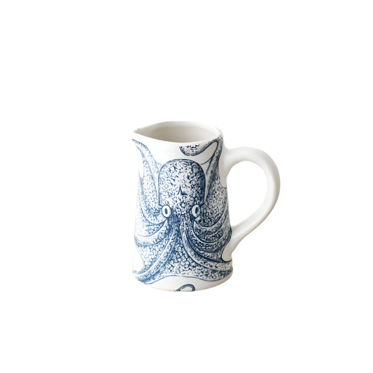 Octopus Jug, 11cm – Nautical Coastal Ceramic Jug for Water, Milk, or Flowers – Decorative Beach House Pitcher Vase – Blue and White Octopus Design Tableware