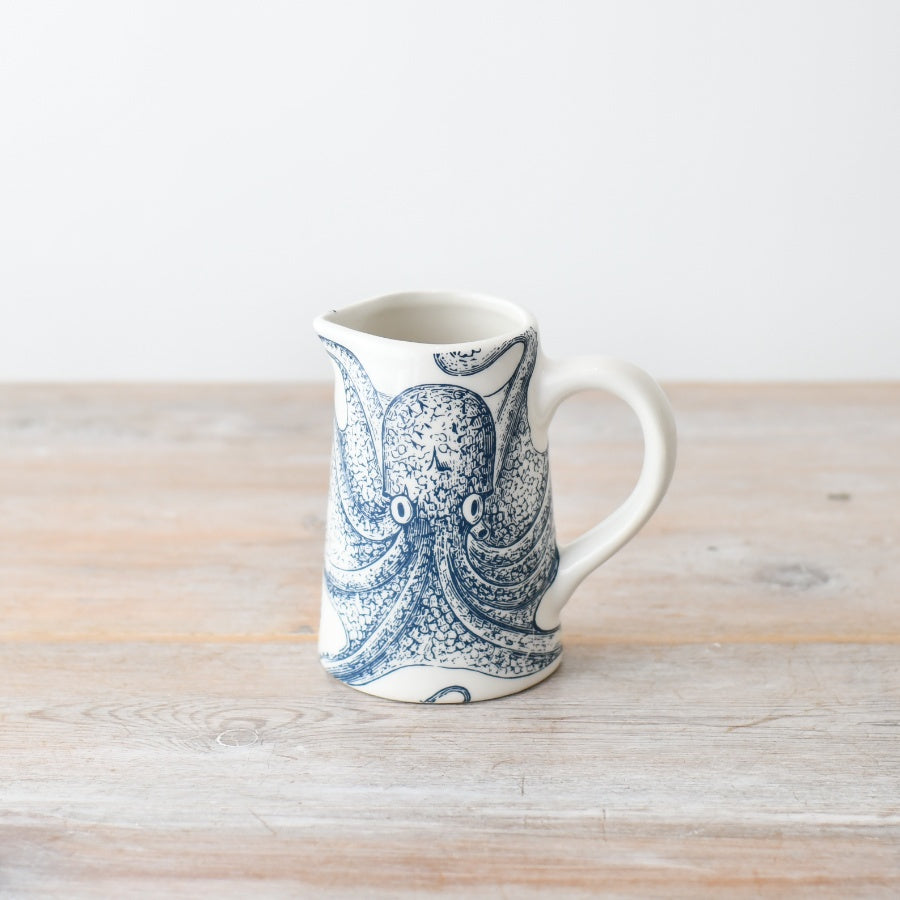 Octopus Jug, 11cm – Nautical Coastal Ceramic Jug for Water, Milk, or Flowers – Decorative Beach House Pitcher Vase – Blue and White Octopus Design Tableware