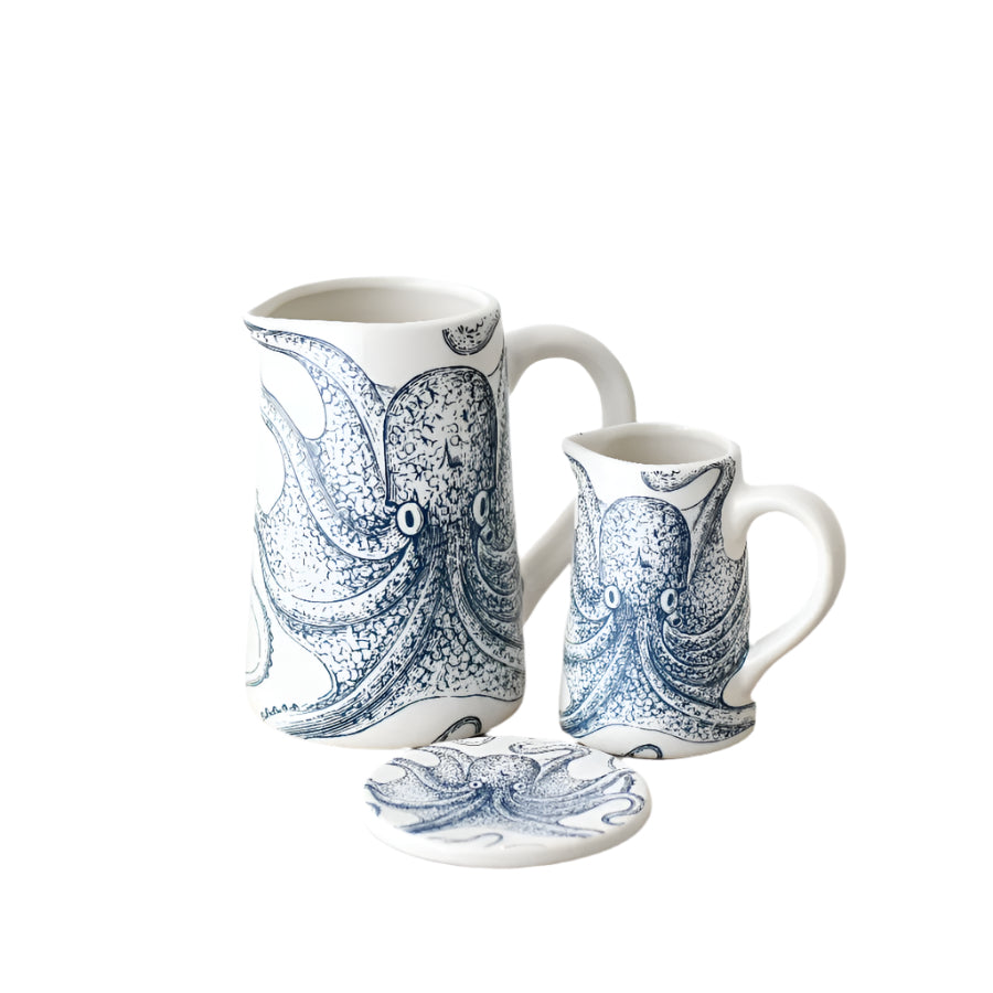 Octopus Jug, 11cm – Nautical Coastal Ceramic Jug for Water, Milk, or Flowers – Decorative Beach House Pitcher Vase – Blue and White Octopus Design Tableware