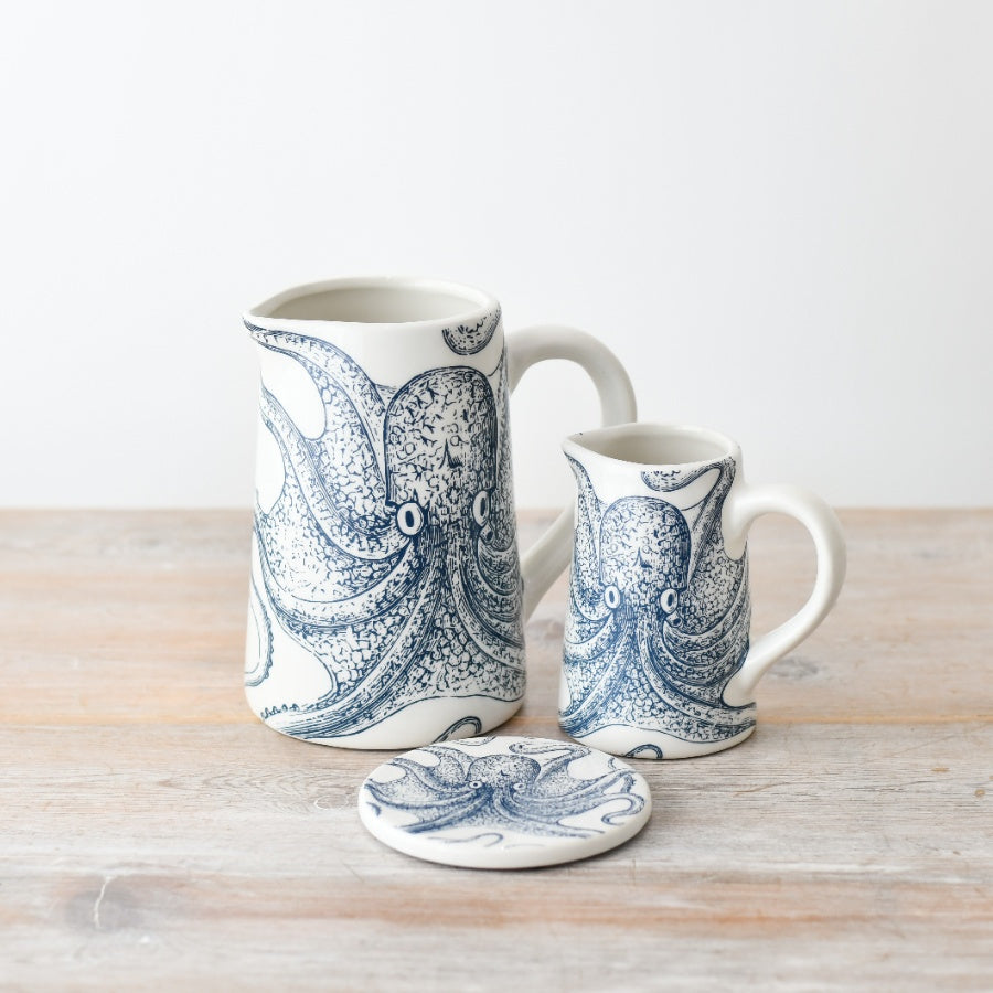 Octopus Jug, 11cm – Nautical Coastal Ceramic Jug for Water, Milk, or Flowers – Decorative Beach House Pitcher Vase – Blue and White Octopus Design Tableware