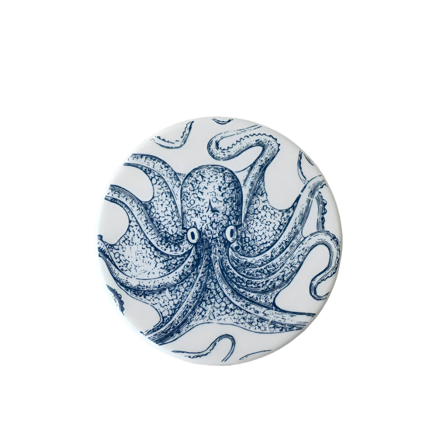 Octopus Coaster, 10cm – Nautical Coastal Ceramic Drink Coaster – Blue and White Beach House Tableware – Decorative Ocean Theme Mug Mat