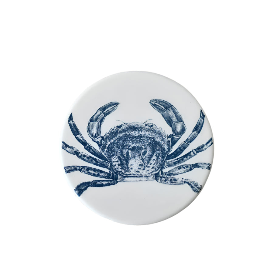 Crab Coaster 10cm – Nautical Coastal Ceramic Drink Coaster – Blue and White Beach House Tableware – Decorative Ocean Theme Mug Mat