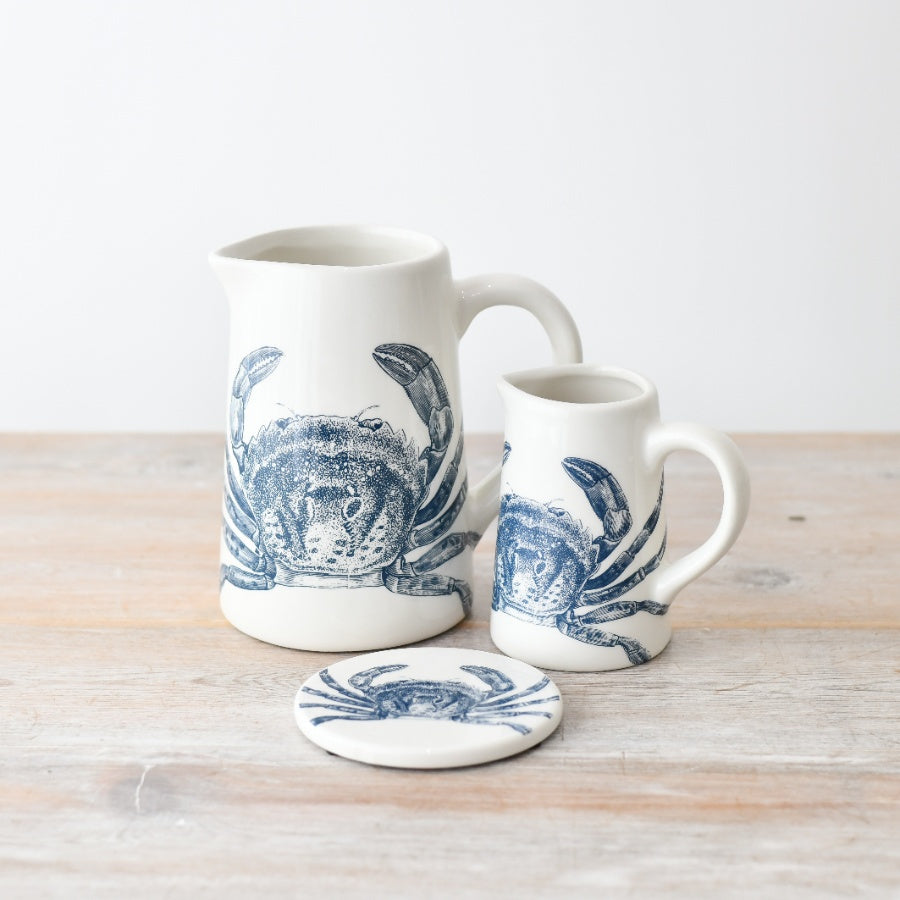 Crab Jug 11cm – Nautical Coastal Ceramic for Water, Milk, or Flowers – Decorative Beach House Pitcher Vase – Blue and White Crab Design Tableware