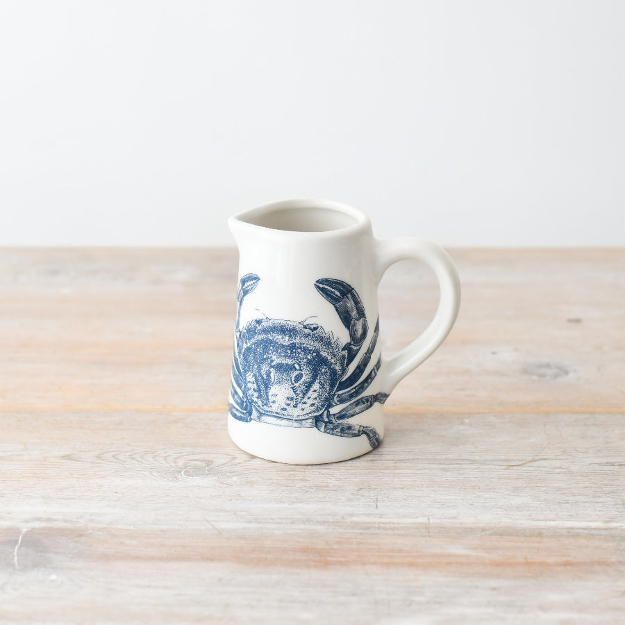 Crab Jug 11cm – Nautical Coastal Ceramic for Water, Milk, or Flowers – Decorative Beach House Pitcher Vase – Blue and White Crab Design Tableware