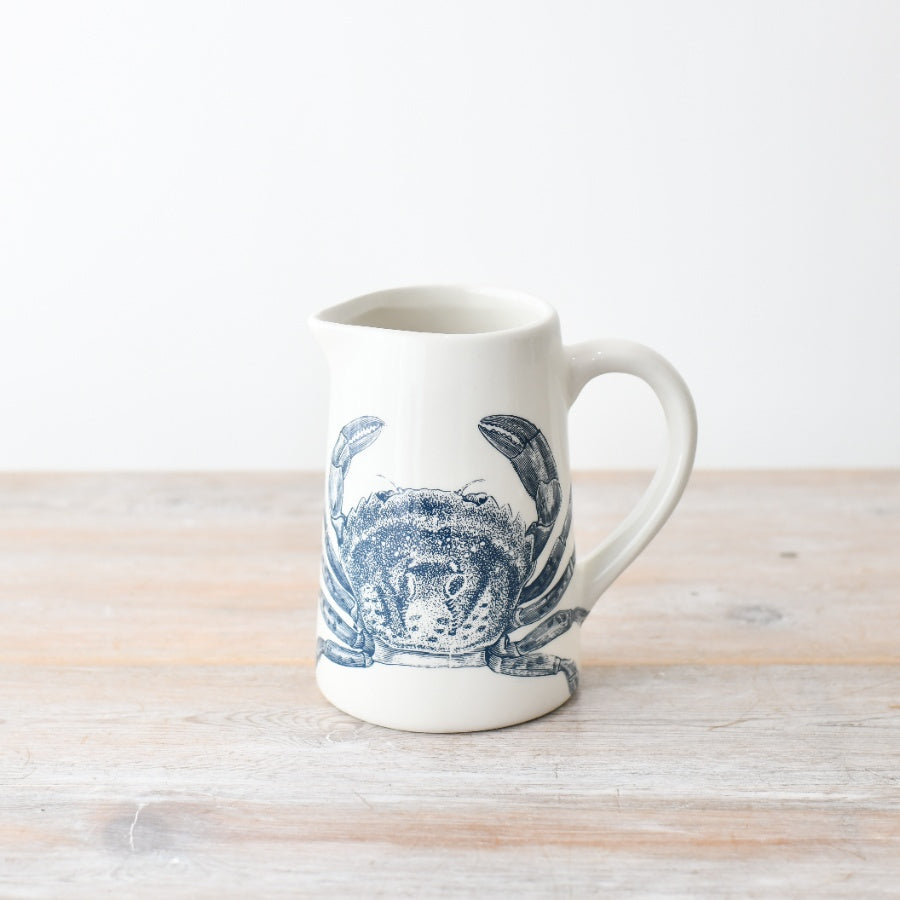 Crab Jug 16cm – Nautical Coastal Ceramic for Water, Milk, or Flowers – Decorative Beach House Pitcher Vase – Blue and White Crab Design Tableware