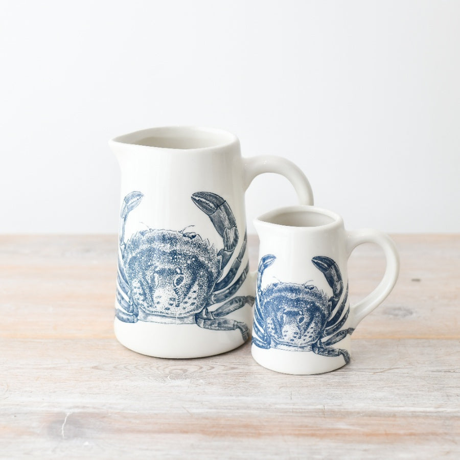 Crab Jug 16cm – Nautical Coastal Ceramic for Water, Milk, or Flowers – Decorative Beach House Pitcher Vase – Blue and White Crab Design Tableware