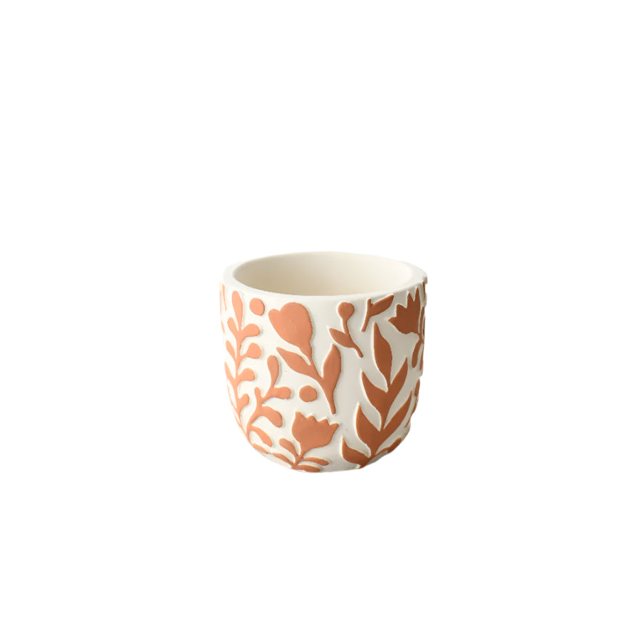 Orange Flower Pattern Planter 11cm – Rustic Ceramic Pot with Embossed Floral Design – Boho Indoor Plant Holder for Succulents, Herbs, or Autumn Home Décor