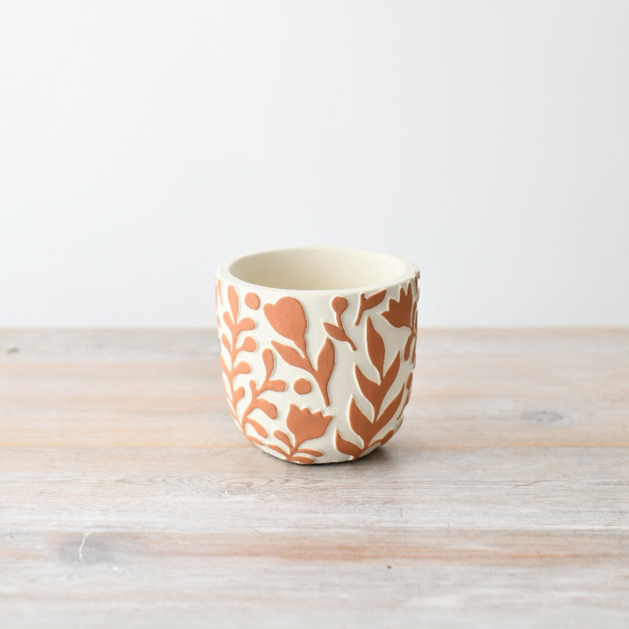 Orange Flower Pattern Planter 11cm – Rustic Ceramic Pot with Embossed Floral Design – Boho Indoor Plant Holder for Succulents, Herbs, or Autumn Home Décor