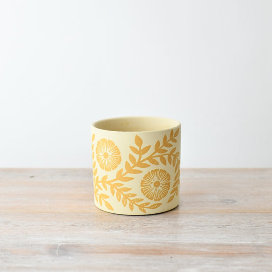 Yellow Flower & Leaf Cement Planter 11.8cm – Handcrafted Botanical Plant Pot, Rustic Garden Style Indoor Decor
