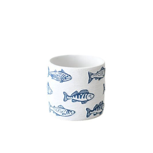 Blue & White Fish Design Ceramic Planter 14cm – Nautical Coastal Pot for Succulents, Herbs, and Small Plants – Decorative Home Décor for Beach-Inspired Spaces