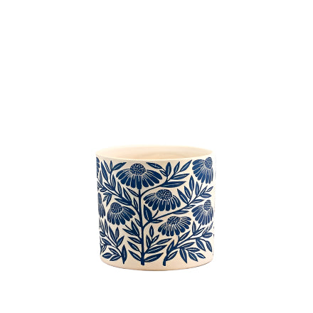Small Flower Design Ceramic Planter 13.5cm – Embossed Floral Indoor Plant Pot – Neutral Tone Decorative Pot for Succulents, Herbs, or Faux Plants – Vintage Boho Shelf or Desk Décor