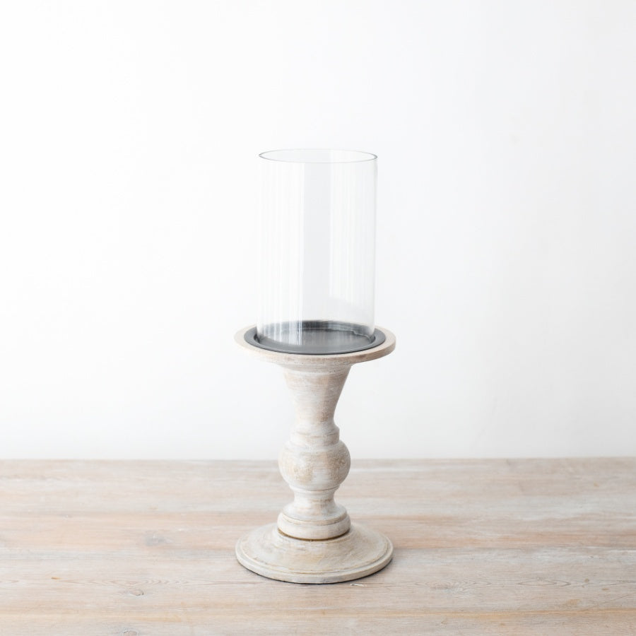 Pillar Candle Holder with Glass 35cm – Wooden Base Hurricane Candle Holder for Table Mantel Decor