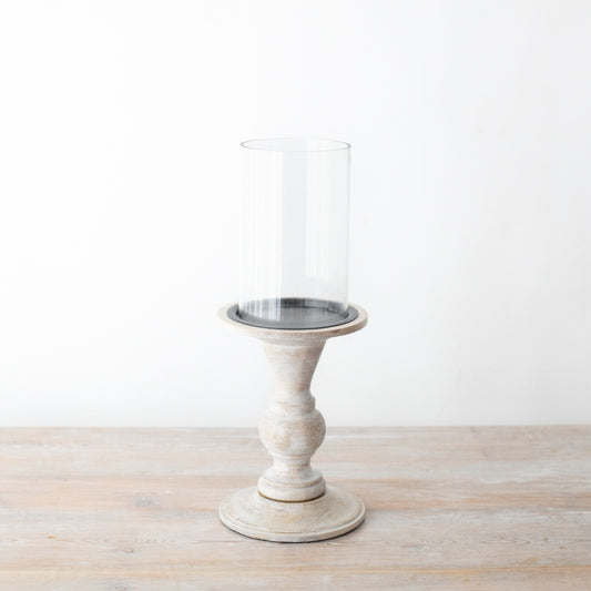 Pillar Candle Holder with Glass 35cm – Wooden Base Hurricane Candle Holder for Table Mantel Decor