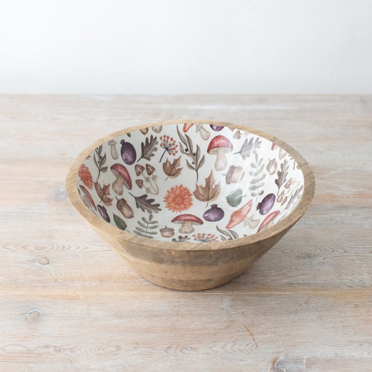 Autumnal Wooden Bowl Acorn & Mushroom Decorative Trinket Bowl Rustic Woodland Decor 23cm