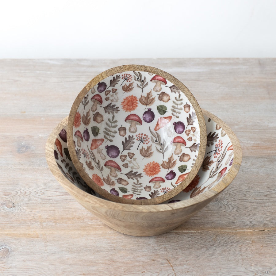 Autumnal Wooden Bowl Acorn & Mushroom Decorative Trinket Bowl Rustic Woodland Decor 23cm