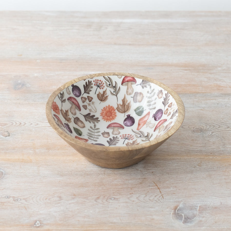 Autumnal Wooden Bowl Acorn & Mushroom Decorative Trinket Bowl Rustic Woodland Decor 17cm