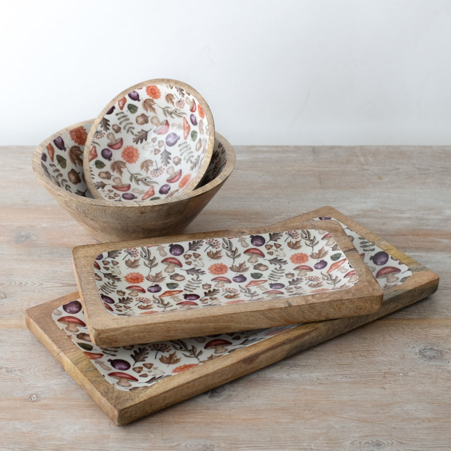 Autumnal Wooden Bowl Acorn & Mushroom Decorative Trinket Bowl Rustic Woodland Decor 17cm